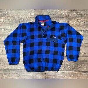 Rare Patagonia Synchilla Snap-T Fleece Jacket Blue & Black Plaid Mens Sz XS